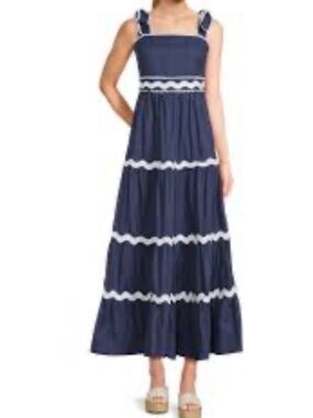 NWT ANTHRO tcec Navy Blue Tiered Maxi Dress with White Trim size L